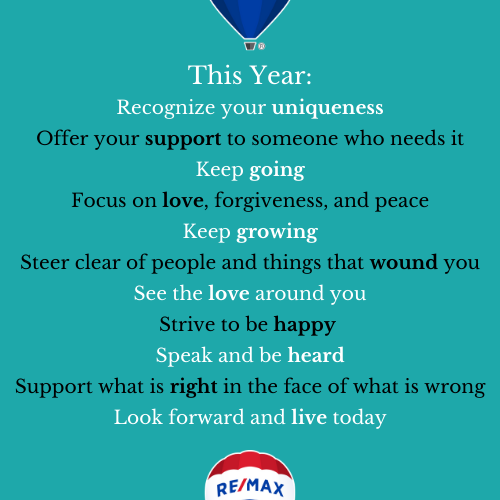 This Year: Recognize your uniqueness Offer your support to someone who needs it Keep going Focus on love, forgiveness, and peace Keep growing Steer clear of people and things that wound you See the love around you Strive to be happy Speak and be heard Support what is right in the face of what is wrong Look forward and live today